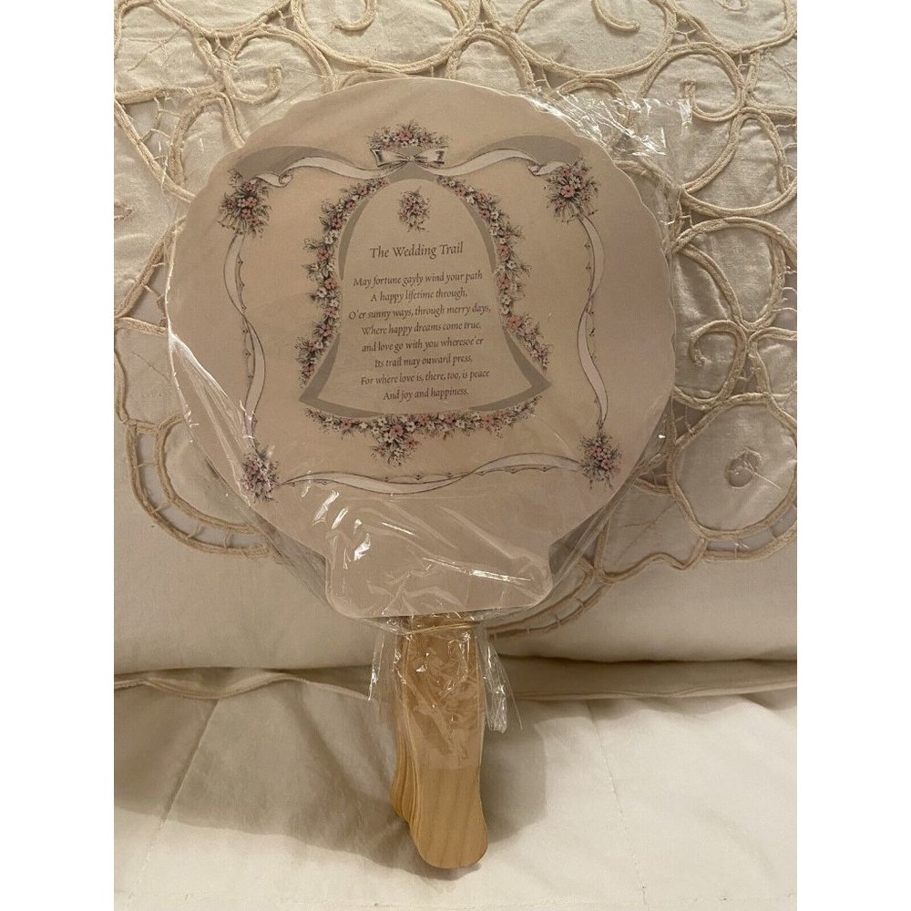 "THE WEDDING TRAIL" PRINTED ON VICTORIAN PADDLE FANS HAS BRIDE & GROOM INFO ON B